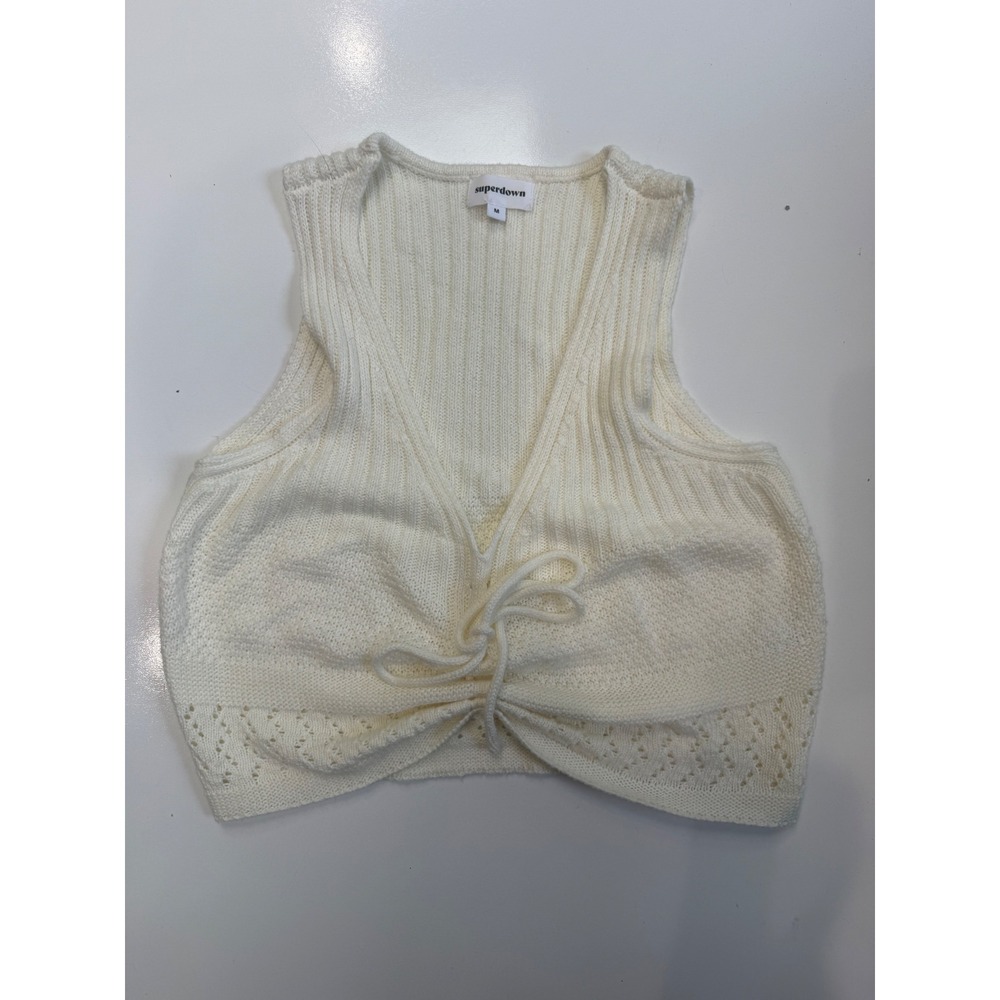 Superdown Cream Knit Tie Front Crop Top Ribbed Pointelle Sleeveless Vest Medium